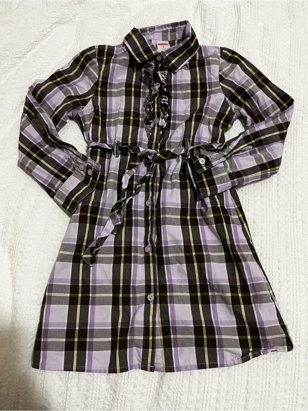 Gymboree Lavender Plaid Button-Front Shirt Dress Tie Waist Ruffle Placket Sz 6